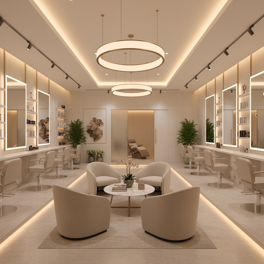 Elegant modern beauty salon interior with soft lighting and comfortable seating