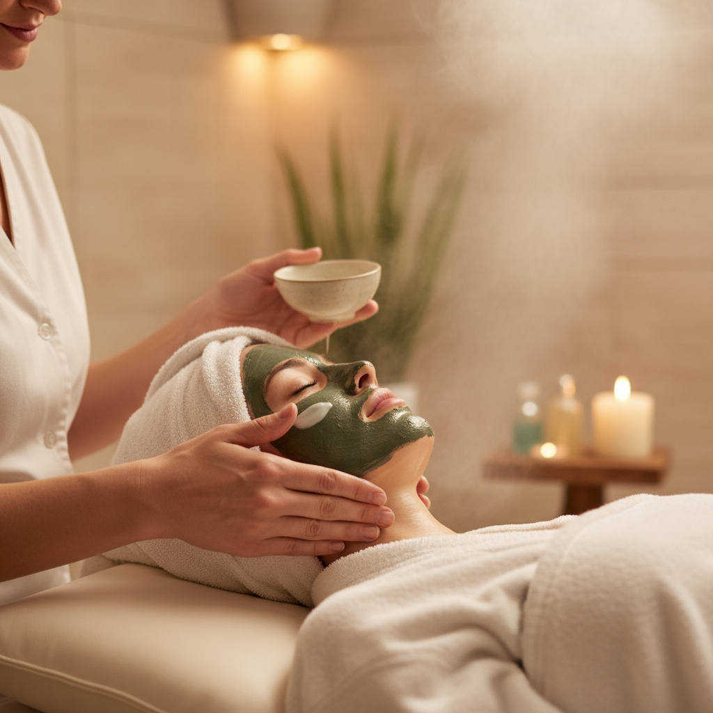 Close-up of a facial treatment in a serene spa setting
